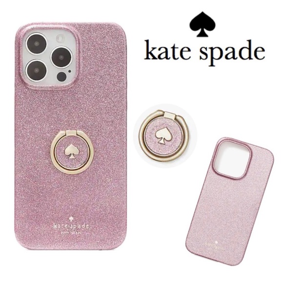 KATE SPADE Mitten Pink Glitter Bling Gold Logo Ring Stand iPhone 14 PRO MAX  Case